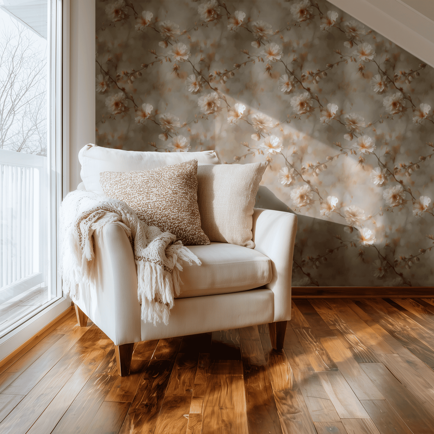 Neutral Floral Wallpaper shown in a second interior with the glimmering blooms reading as quietly soft luxurious decoration