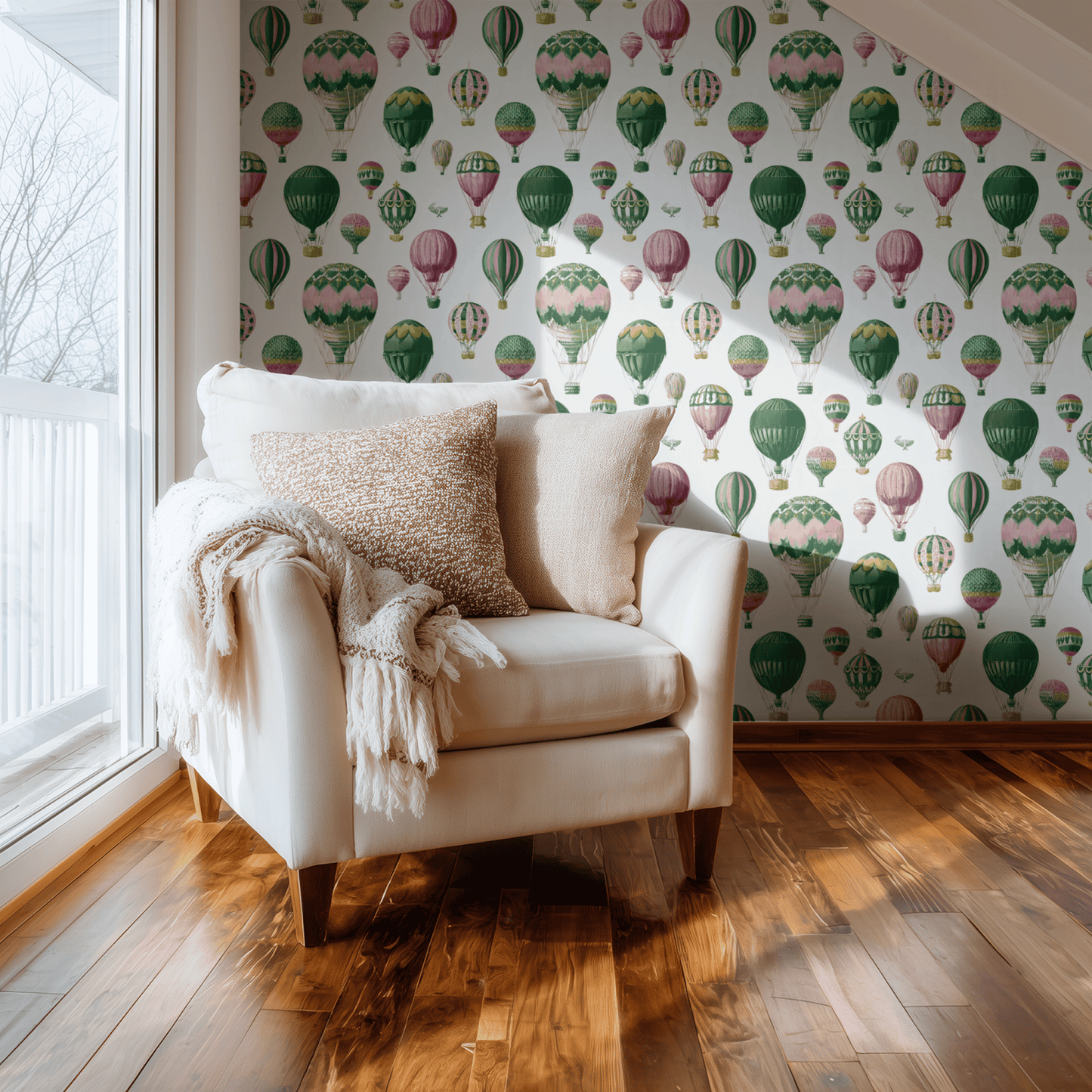 Cream Abstract Wallpaper shown in a second interior with the whimsical balloons reading playful and the cream palette keeping the room light