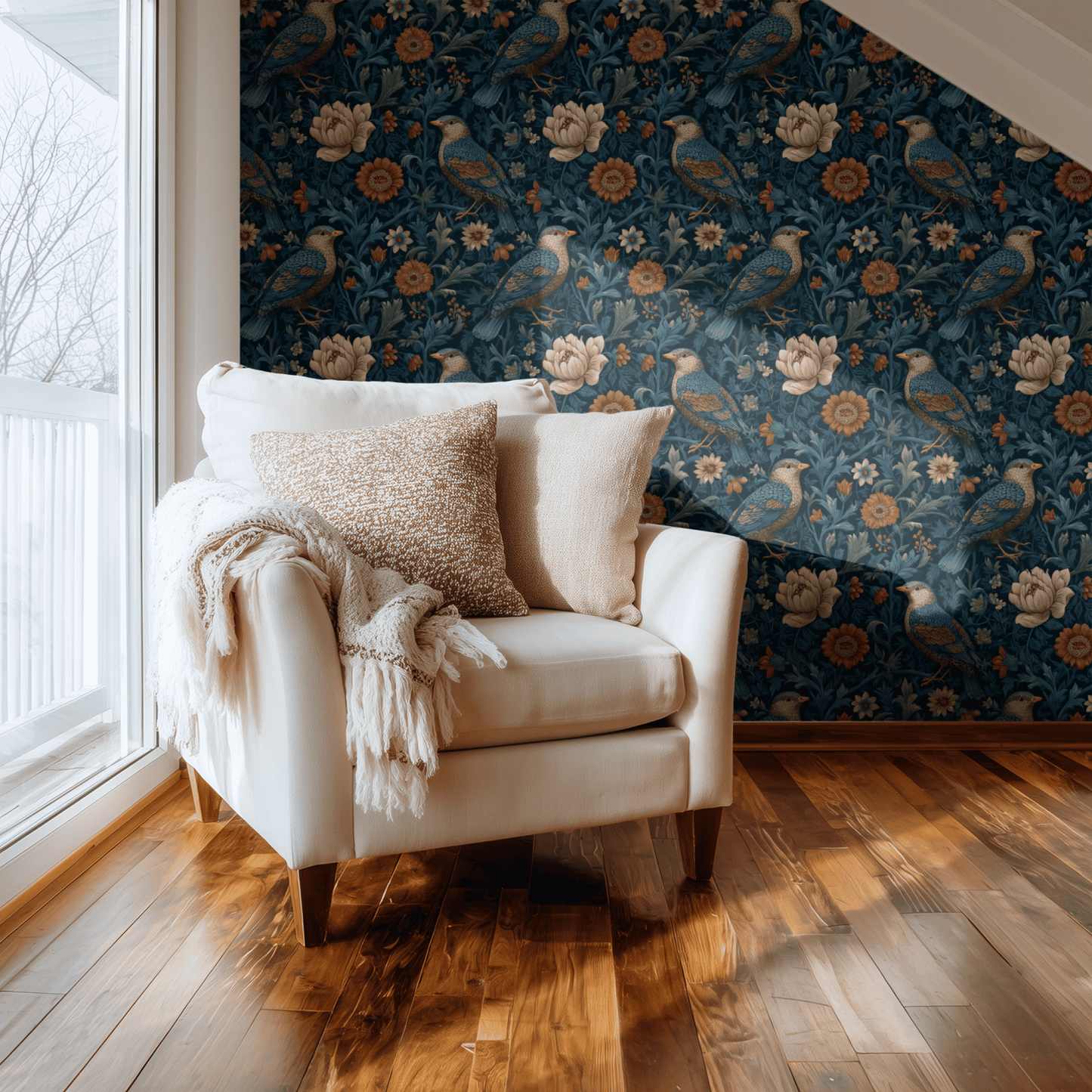 Blue Floral Wallpaper shown in a second interior with the vintage sparrows reading as warmly country-pastoral decoration