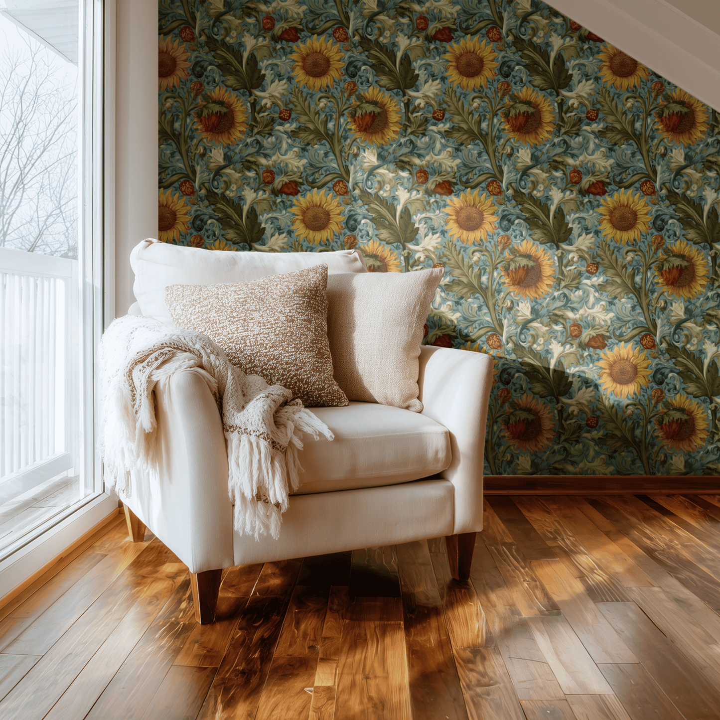 Green Floral Wallpaper shown in a second interior with the moody poppies reading as atmospheric Arts and Crafts decoration