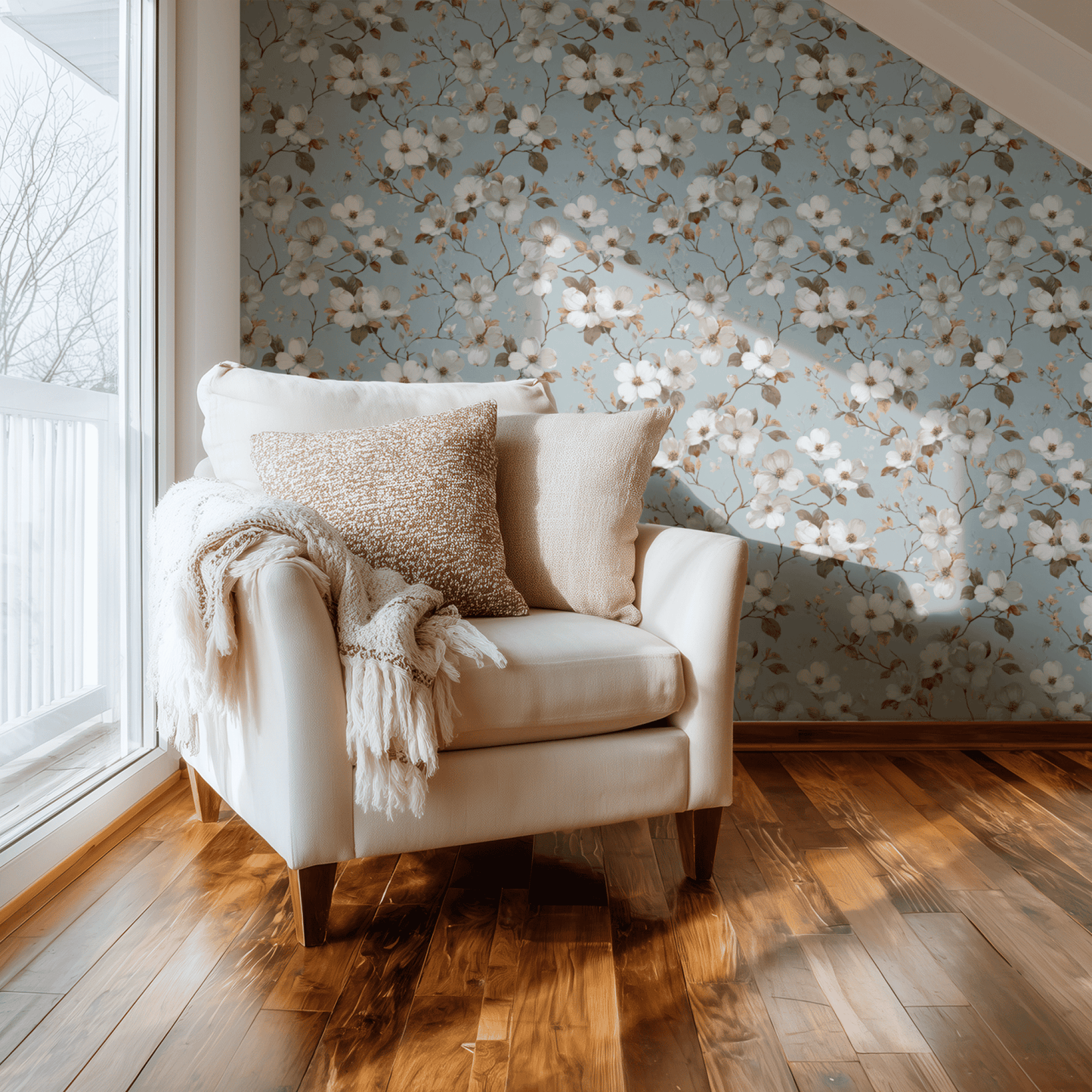 Creamy Dogwood wallpaper with dogwood florals in cream and gentle blue accents, shown installed in a second interior for room context