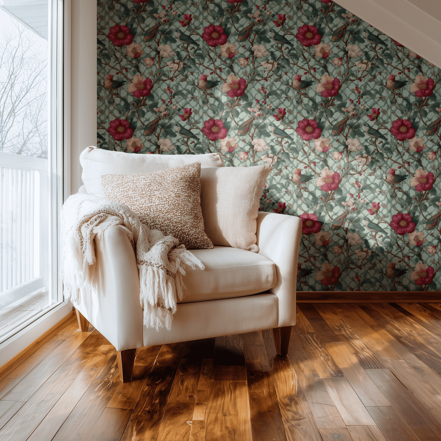 Green Floral Wallpaper shown in a second room with the willow birds reading as gently traditional bedroom-appropriate decoration