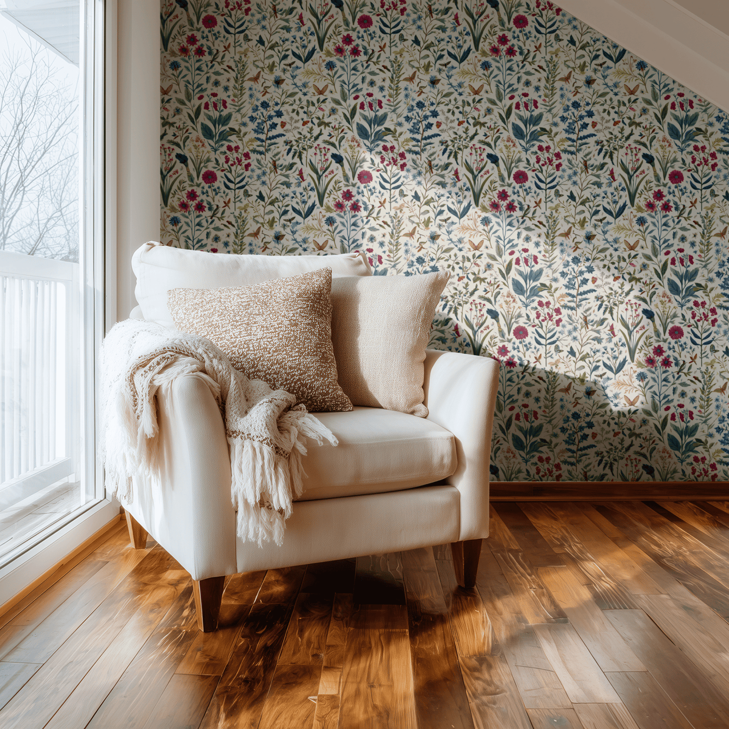 Cream Floral Wallpaper shown in a second room with the dark cottagecore botanicals reading as cottage-style atmospheric decoration