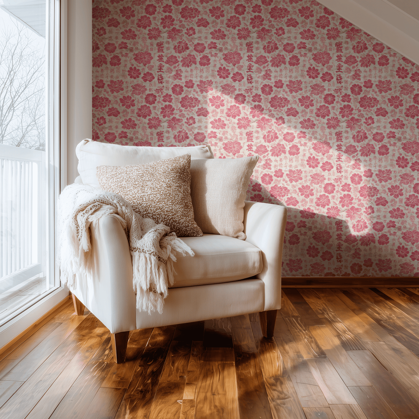 Pink Floral Wallpaper shown in a second interior with the cerise block-print florals reading as warm and hand-crafted