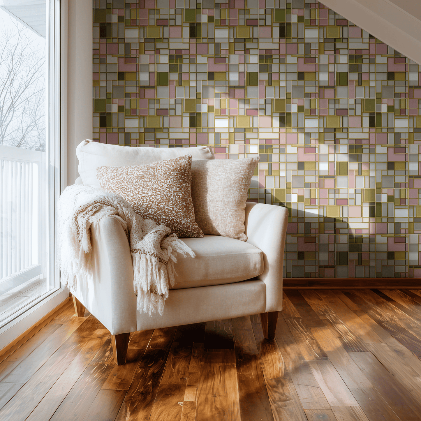 Multicolored Geometric Wallpaper shown in a second room with the Art Deco jewels reading as 1920s-style theatrical decoration