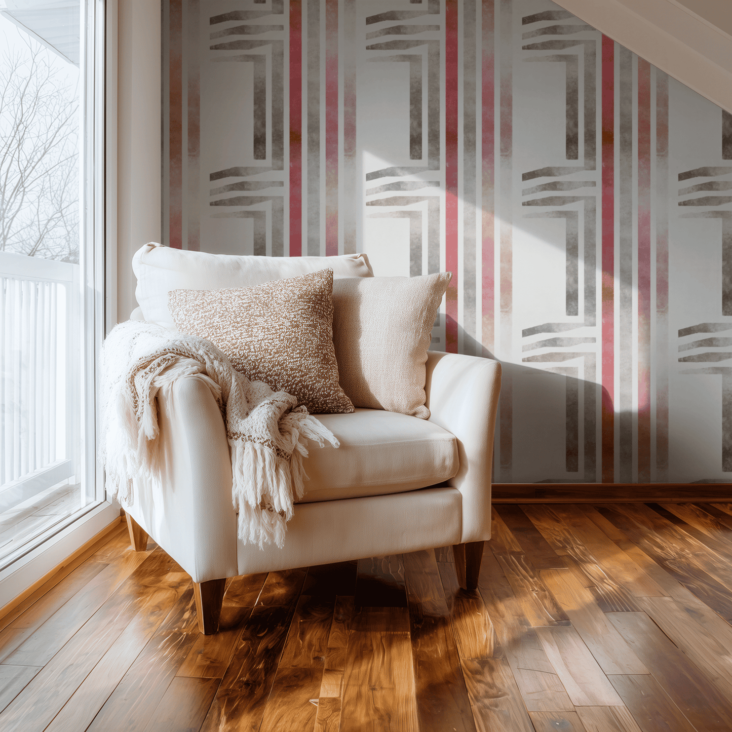 Cream Striped Wallpaper shown in a second room with the cream stripes reading as quietly modernist architectural background