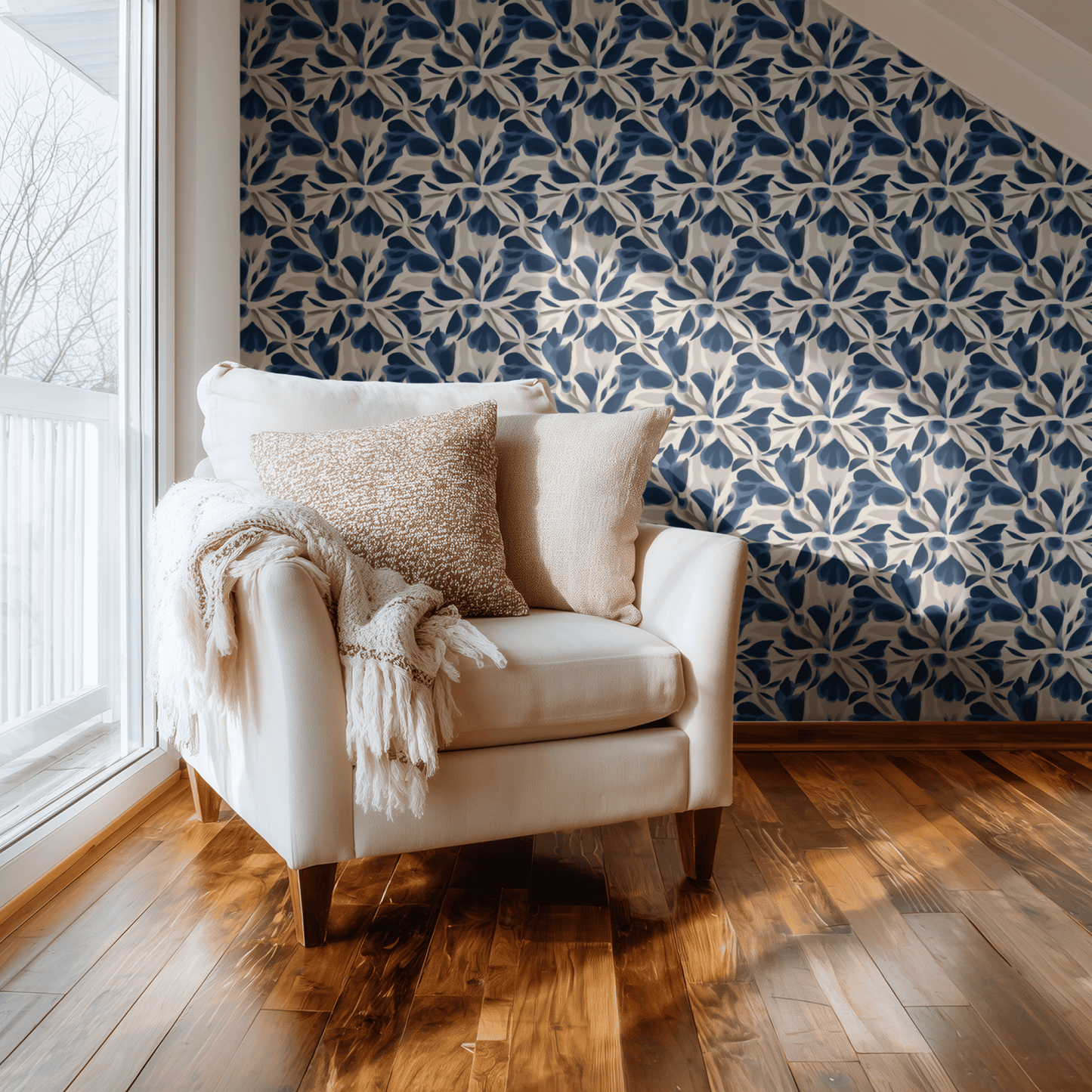 Blue Floral Wallpaper shown in a second room with the royal clover reading as quietly confident watercolor decoration