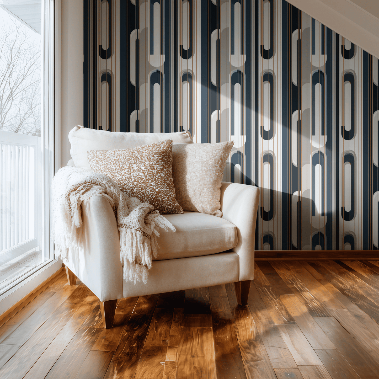 Blue Geometric Wallpaper shown in a second room with the modern arches reading as architectural Art Deco decoration