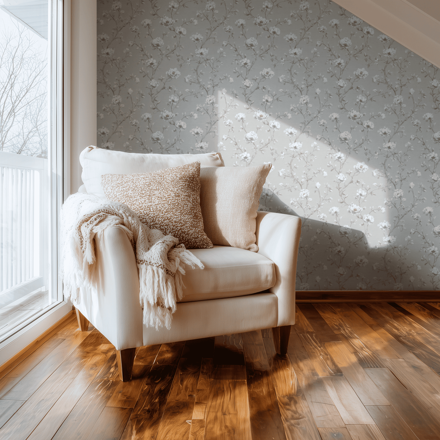 Grey Floral Wallpaper shown in a second interior with the chalky pattern reading as a quiet textured neutral background