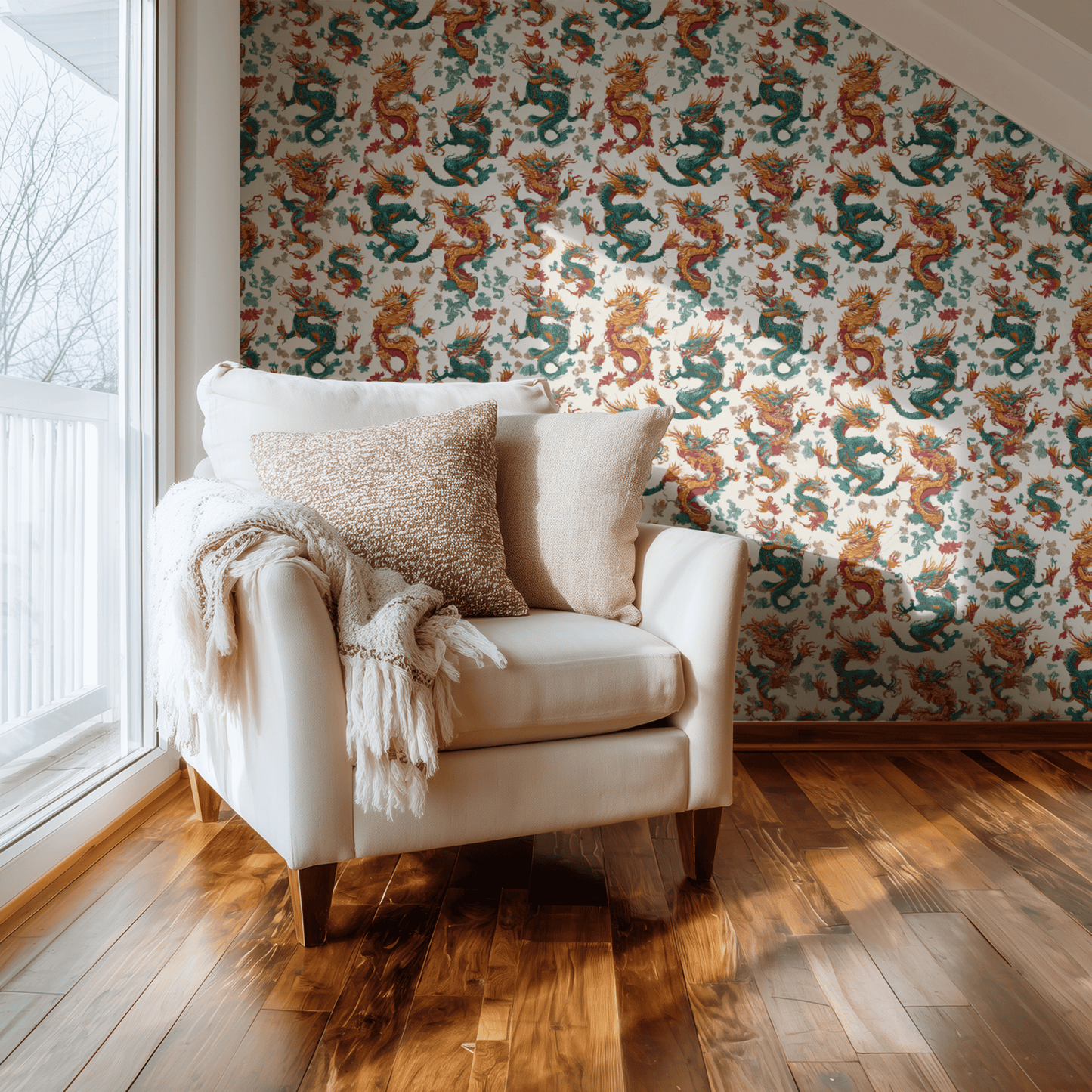 Cream Chinoiserie Wallpaper shown in a second interior with the teal dynasty reading as classically chinoiserie traditional decoration