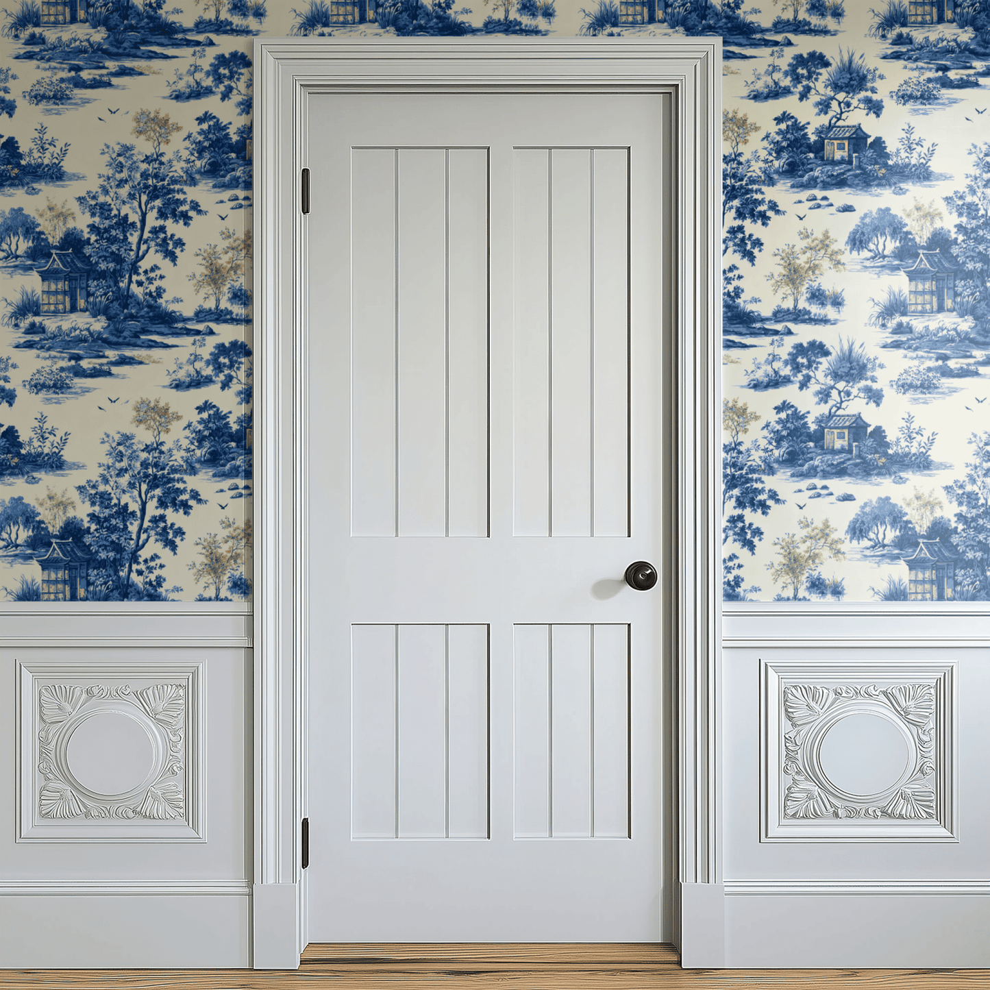 Blue Toile Wallpaper shown in a second interior with the chinoiserie scenes reading as traditional country-house decoration