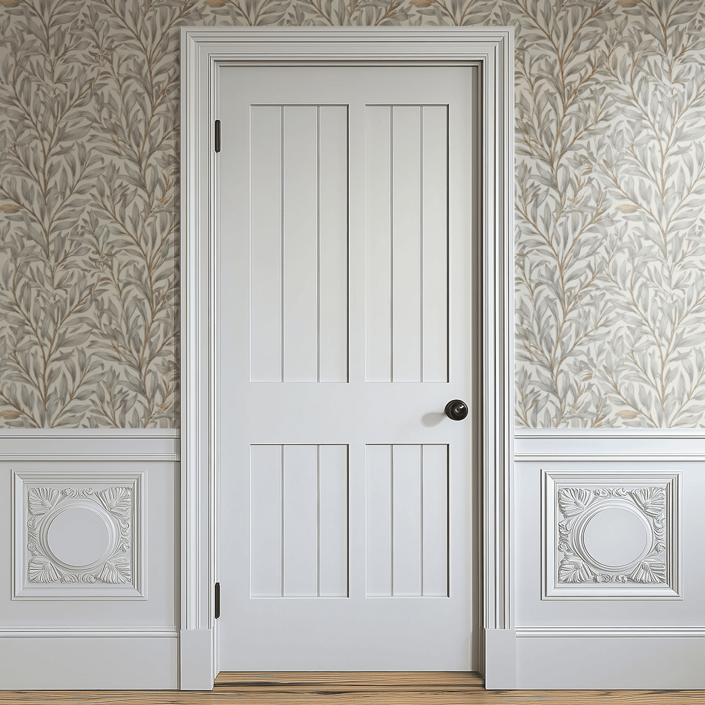 Cream Botanical Wallpaper shown in a second room with the linen fronds reading as quietly textured Arts and Crafts decoration