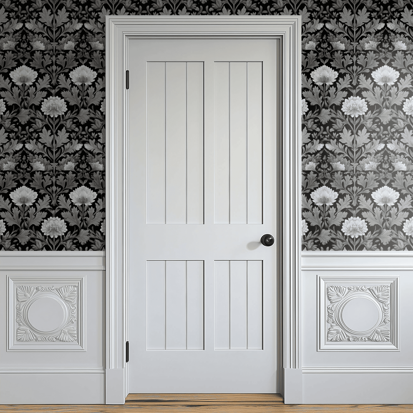 Black Floral Wallpaper shown in a second interior with the black grove reading as theatrically traditional moody decoration