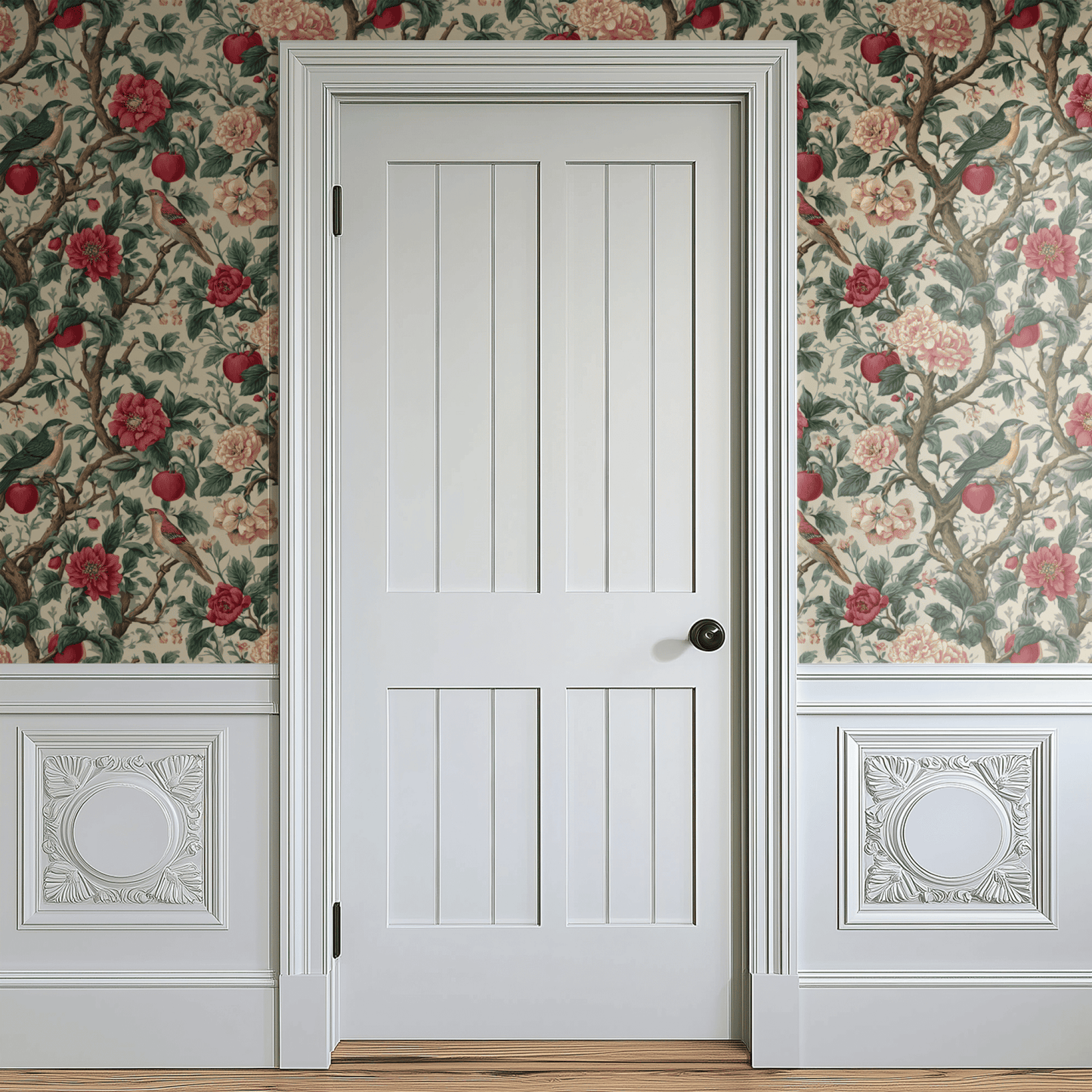 Cream Floral Wallpaper shown in a second interior with the crimson pimpernels reading as warm country-house traditional decoration