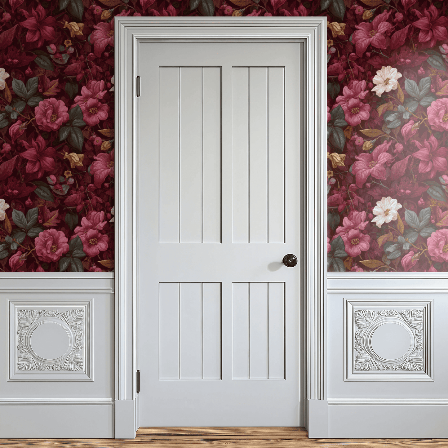 Red Floral Wallpaper shown in a second room with the etched burgundy florals giving the wall a serious library-style traditional character