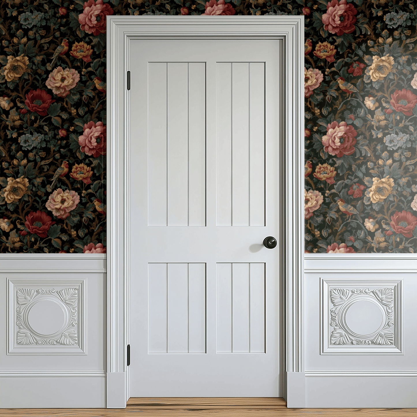 Black Floral Wallpaper shown in a second room with the opulent moody birds reading as theatrical dining-room decoration