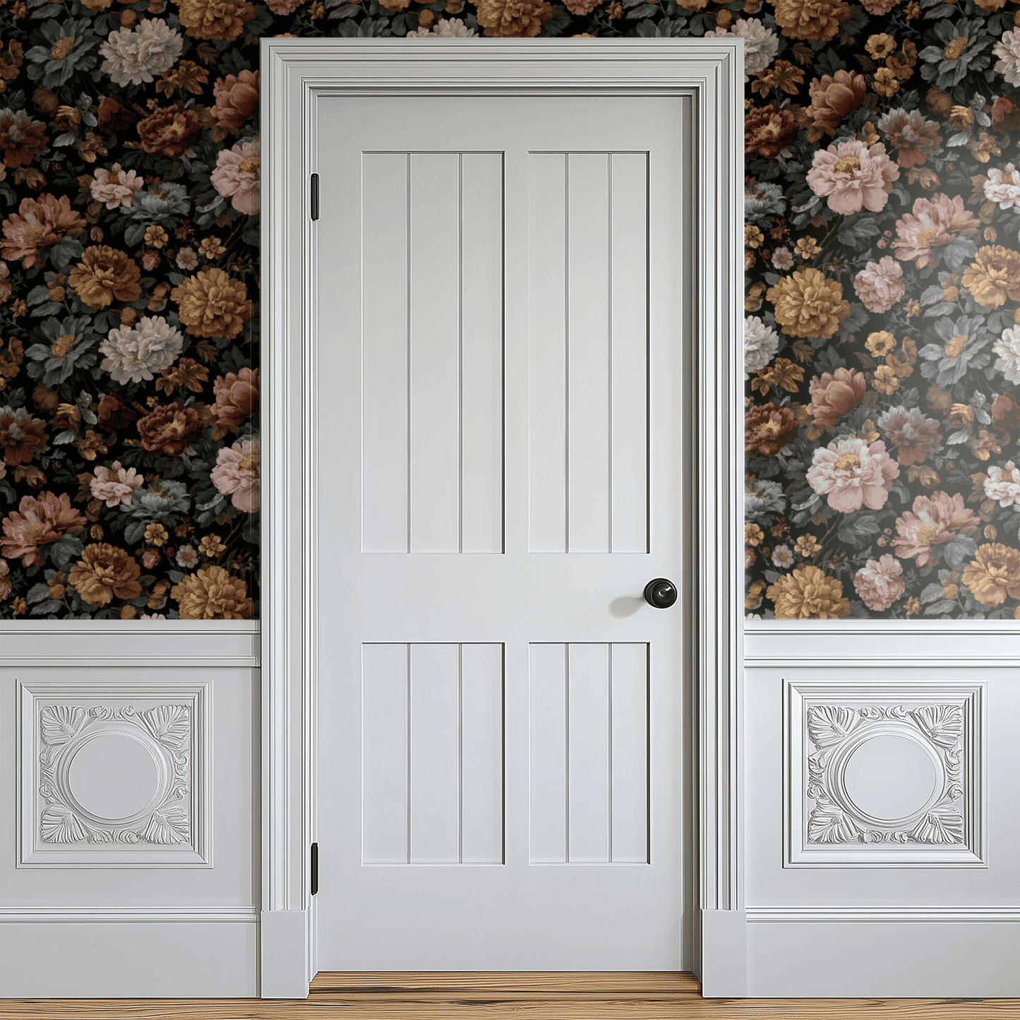 Black Floral Wallpaper shown in a second interior with the dramatic peonies reading as theatrical evening-dining-room decoration