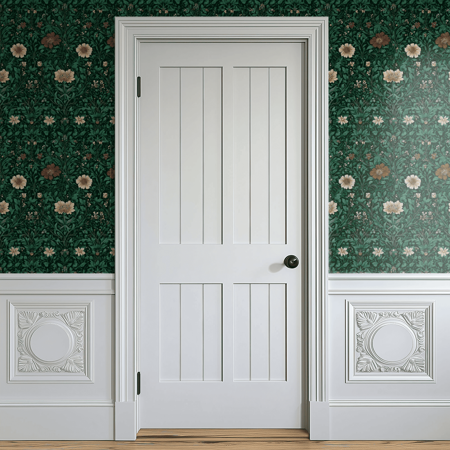 Green Floral Wallpaper shown in a second interior with the moody petals reading as quietly atmospheric Arts and Crafts decoration
