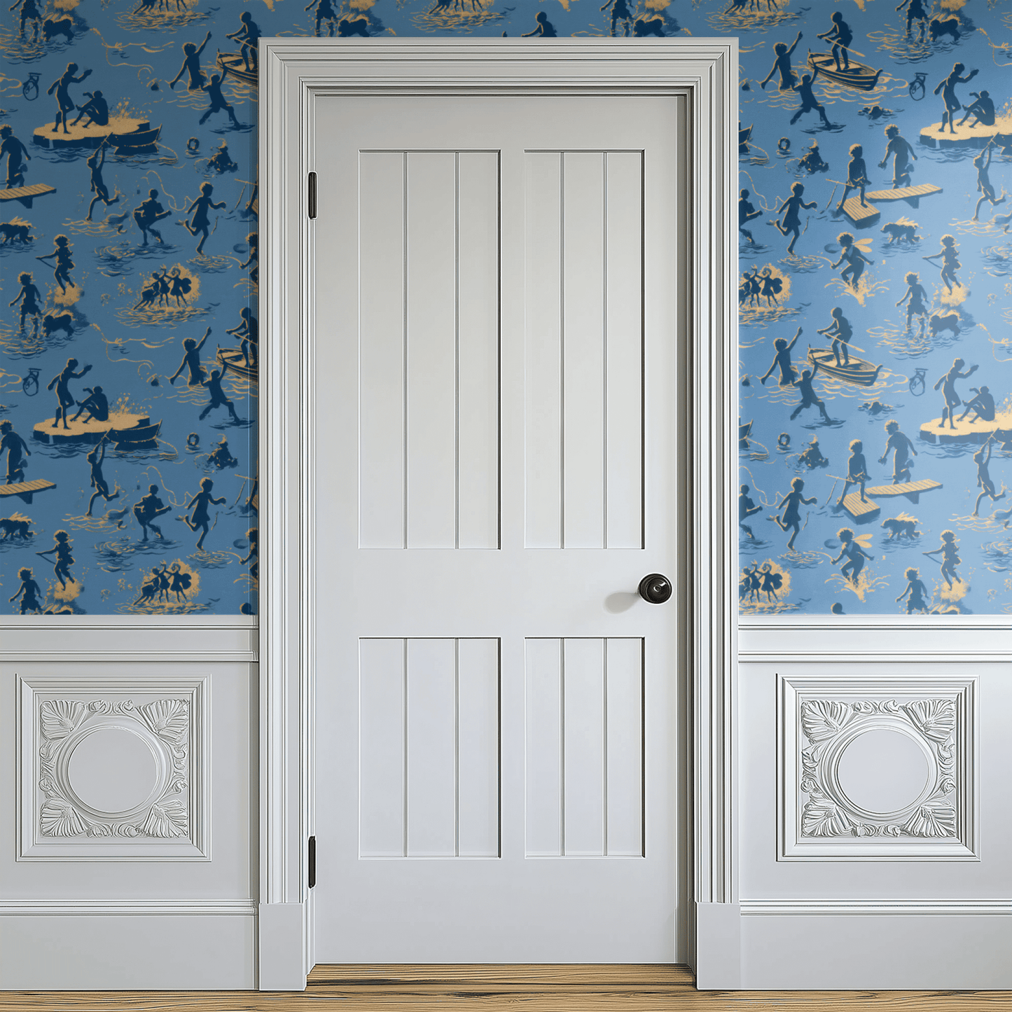 Blue Toile Wallpaper shown in a second interior with the whimsical toile reading as playful traditional country decoration