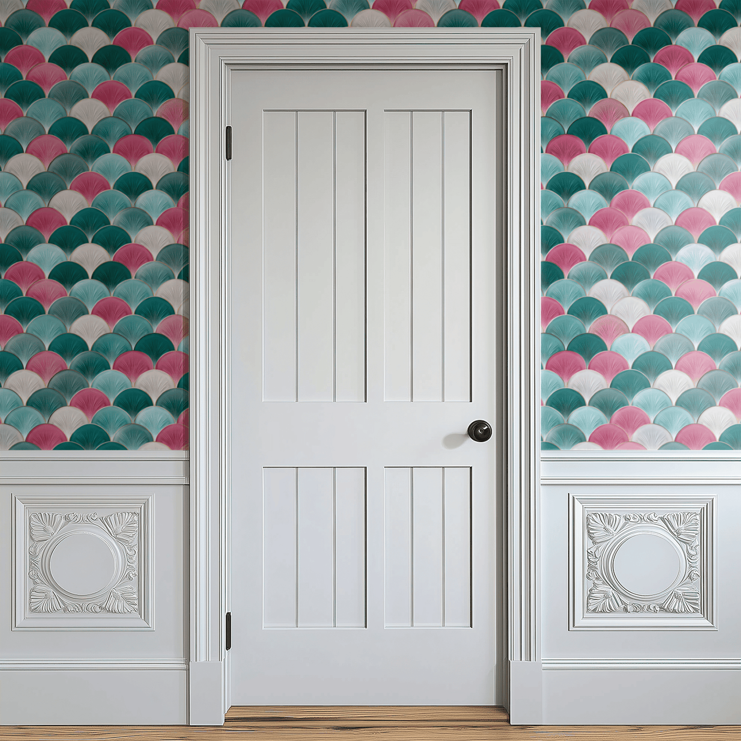Pink Teal Geometric Wallpaper shown in a second room with the Art Deco iridescent scales reading as 1920s-style luxurious geometric decoration
