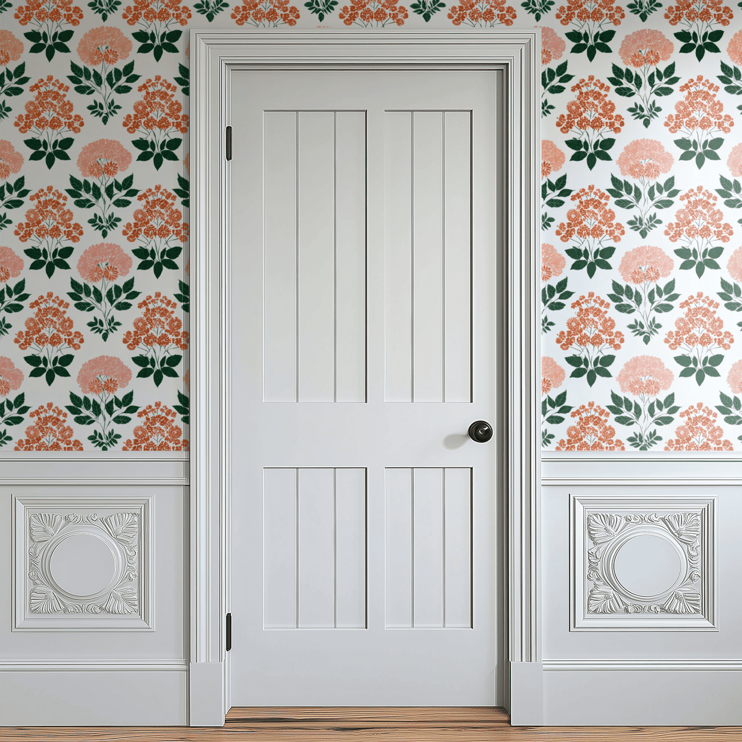 White Floral Wallpaper shown in a second interior with the coral hydrangeas giving the wall a gently feminine fresh character