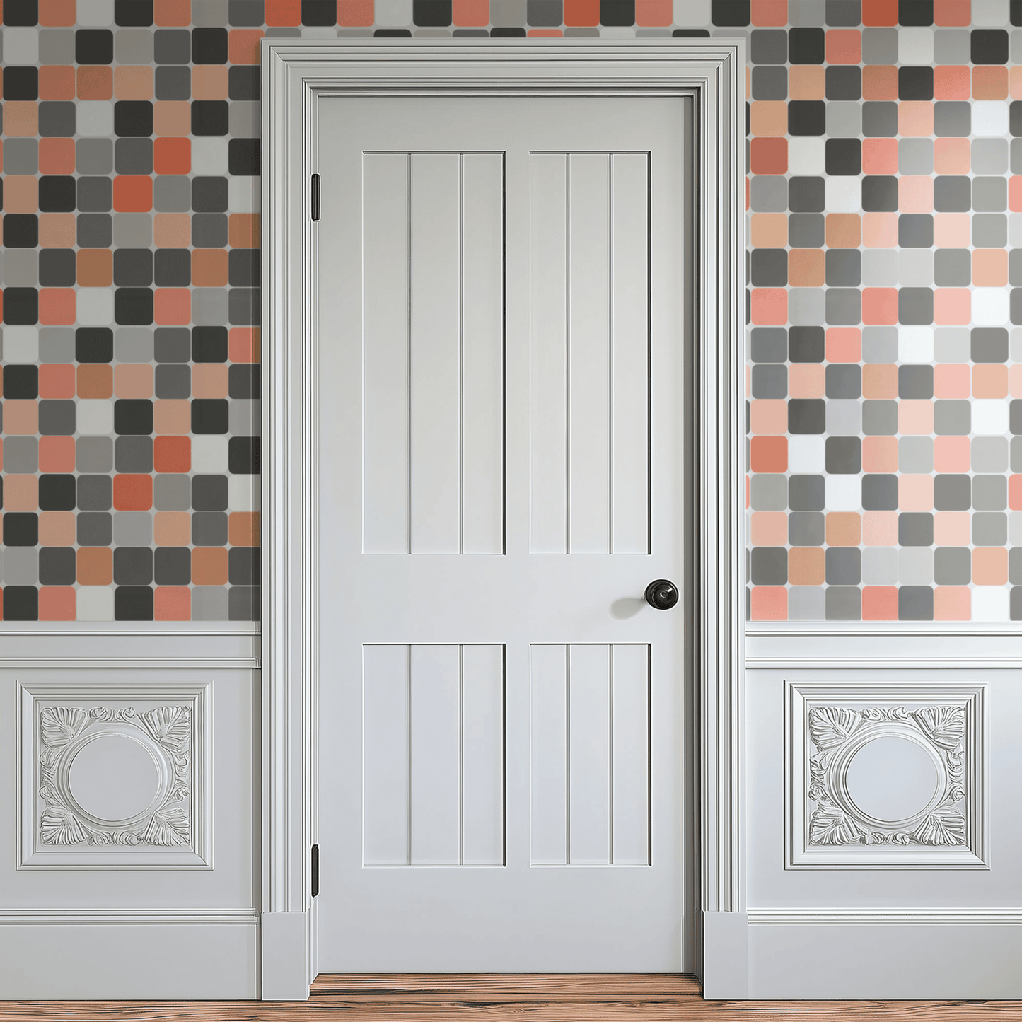Multicolored Geometric Wallpaper shown in a second interior with the terracotta tile reading as warmly Mediterranean-style geometric decoration