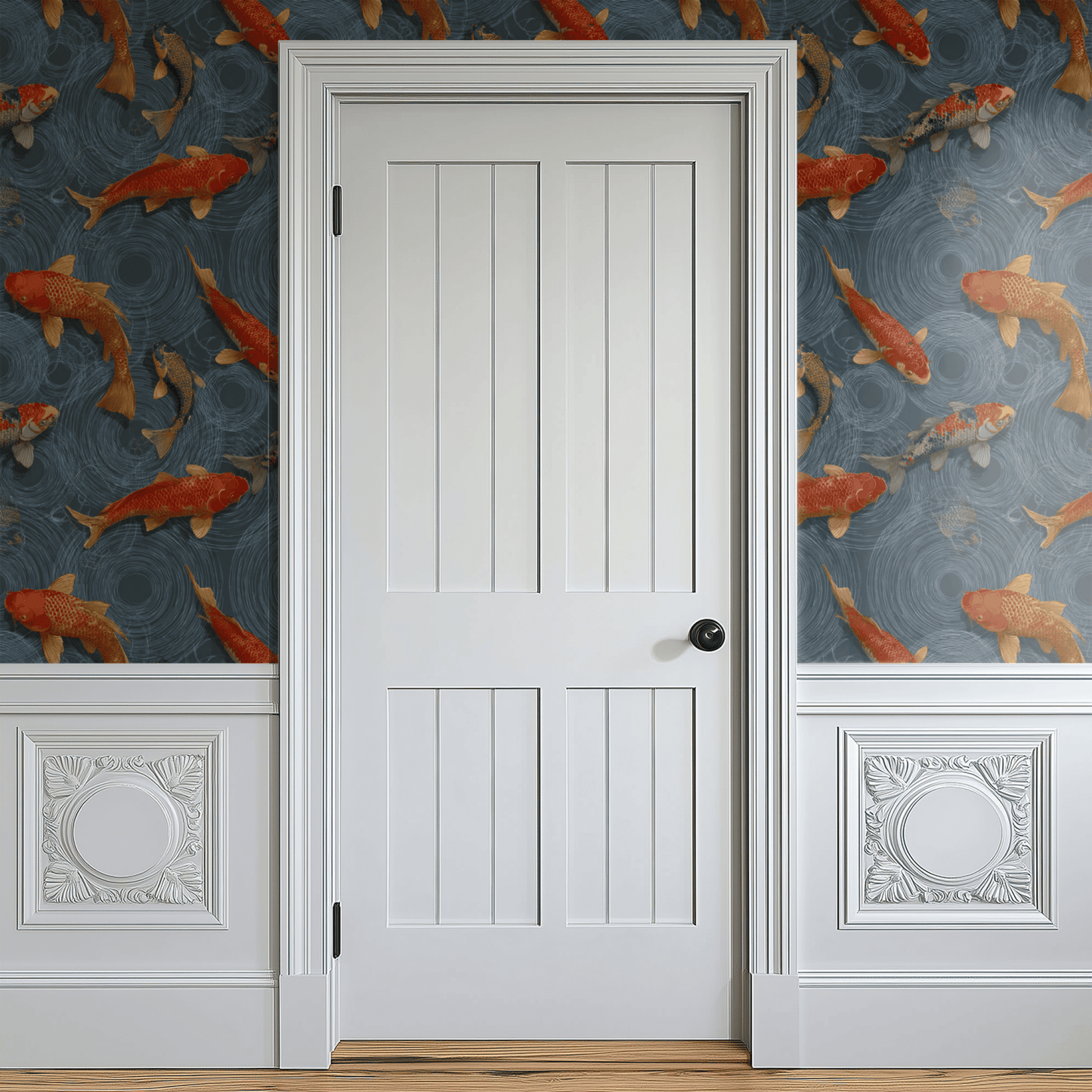 Blue Animal Print Wallpaper shown in a second room with the koi fish reading as Japanese-decorative atmospheric pond pattern