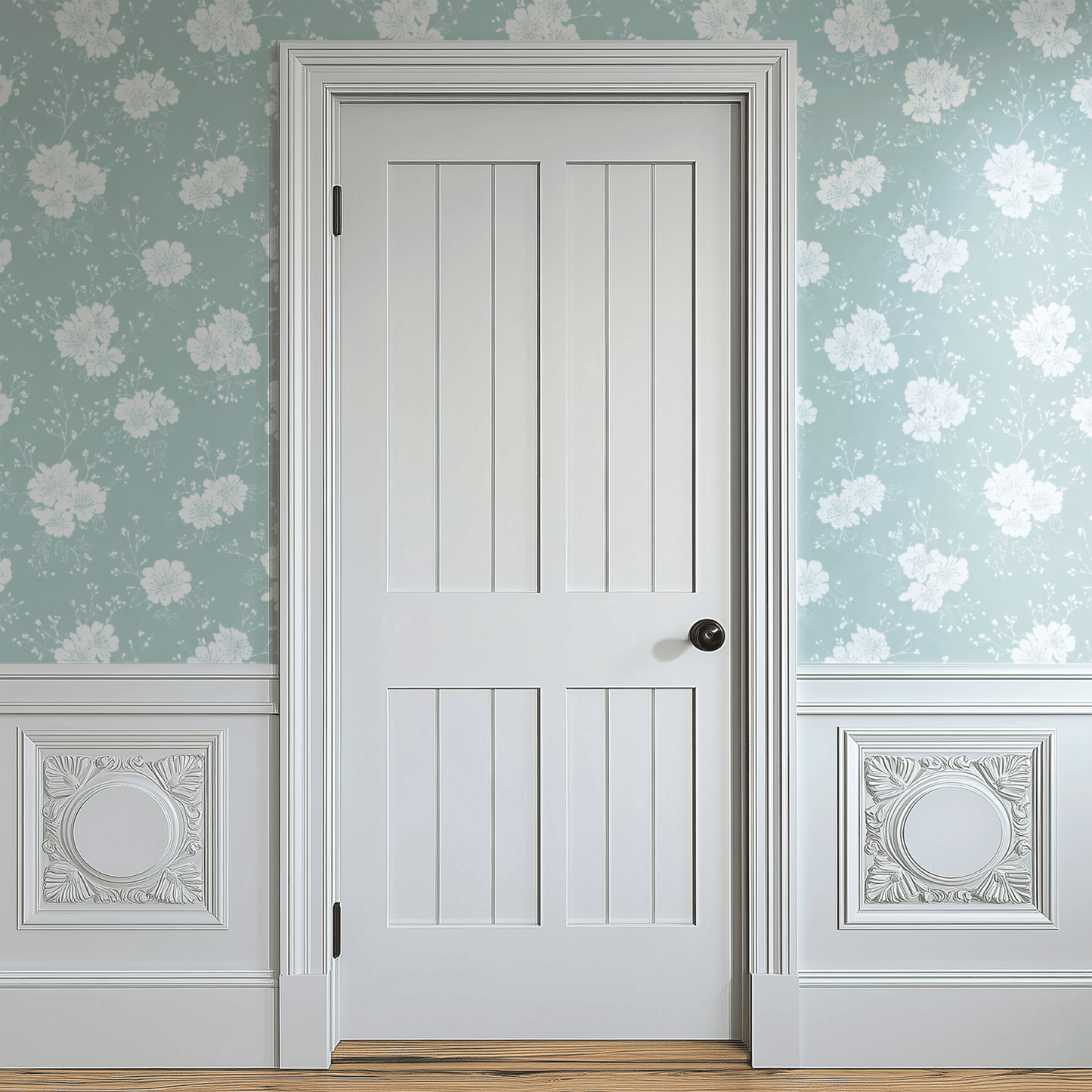 Green Floral Wallpaper shown in a second room with the chalky green wildflowers giving the wall an aged country-cottage atmosphere