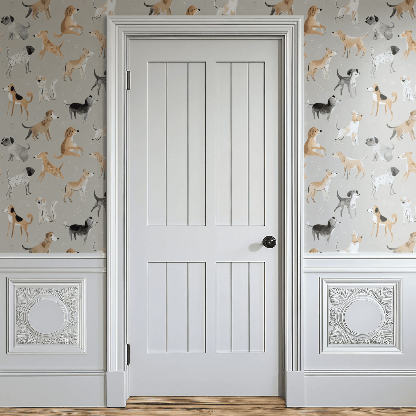 Whimsical shown in a second interior with the playful pups reading as warmly kid-and-pet-friendly decoration