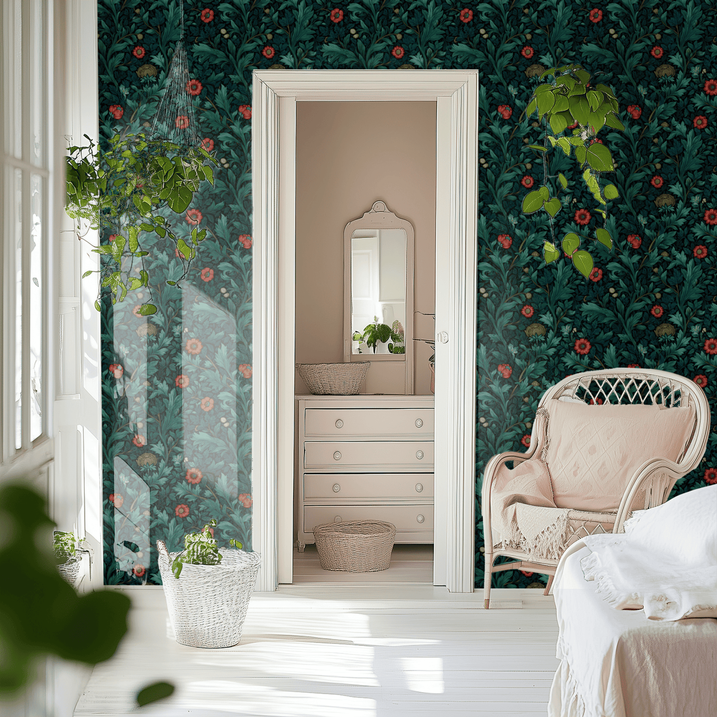 Green Floral Wallpaper shown in a second interior with the teal poppies reading as confidently traditional botanical decoration