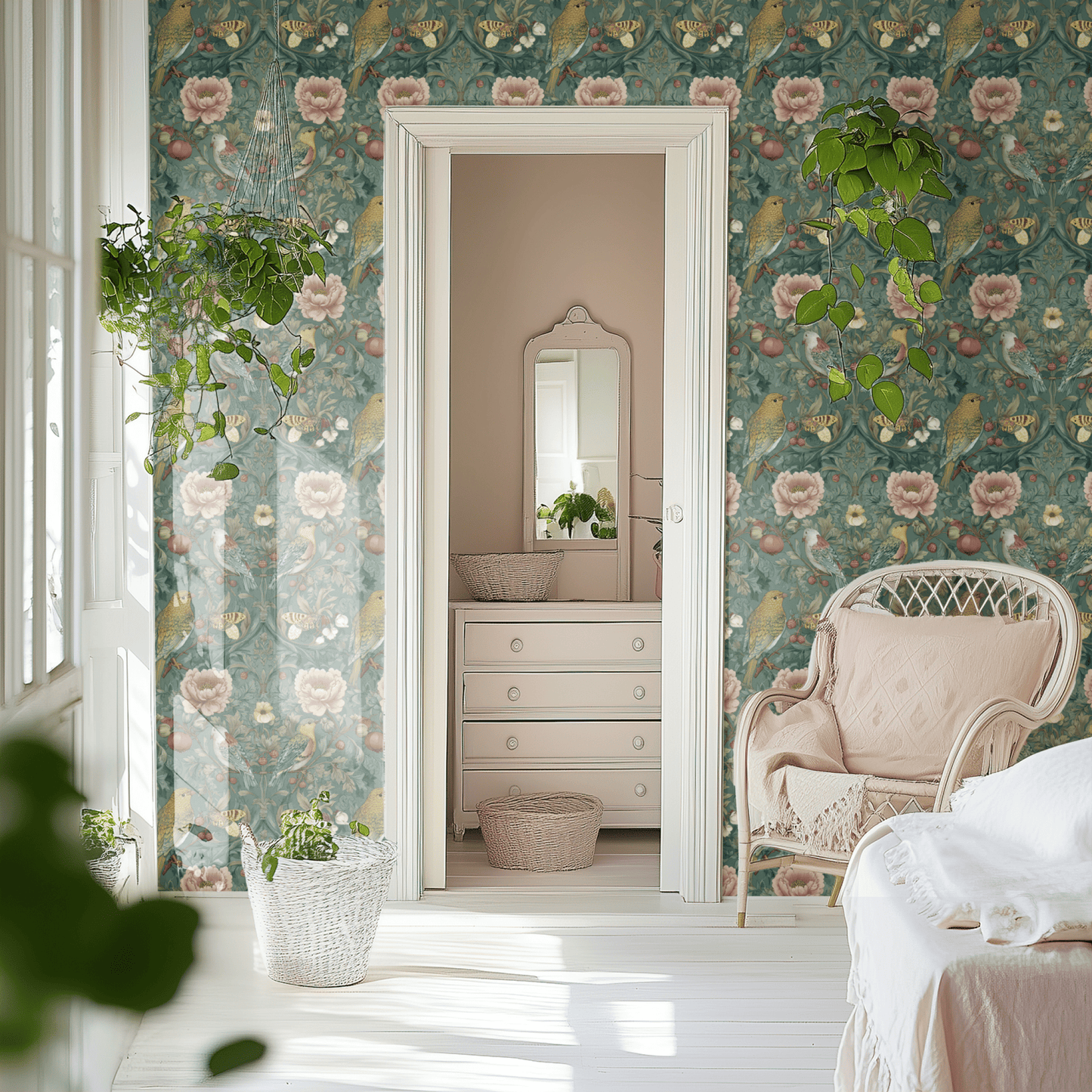 Green Floral Wallpaper shown in a second room with the rosy chinoiserie aviary reading as traditional country-house decoration
