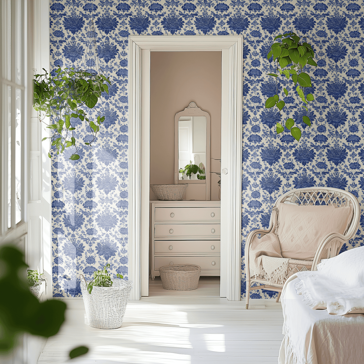 Blue Floral Wallpaper shown in a second room with the deep blue majolica peonies reading as Italianate traditional decoration
