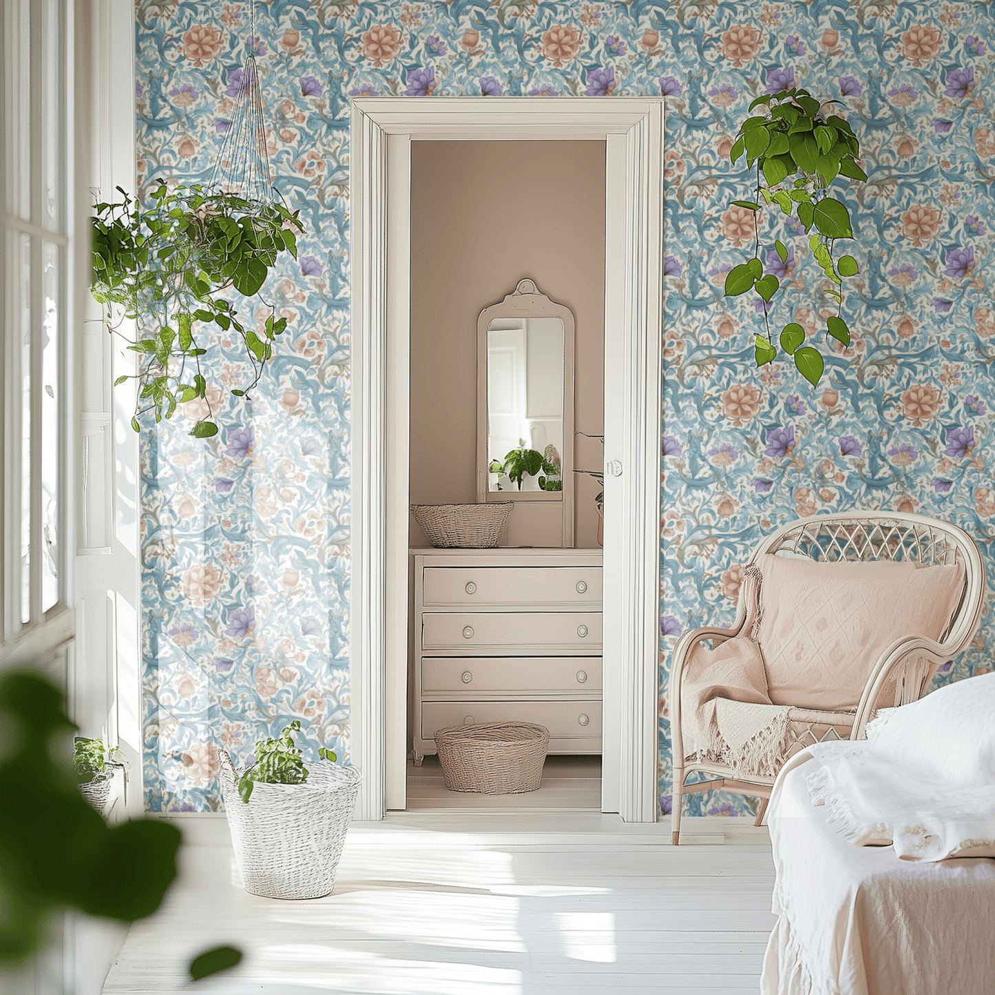 Rosy Verdure shown in a second room with the art nouveau lotus reading as a softly decorative period reference