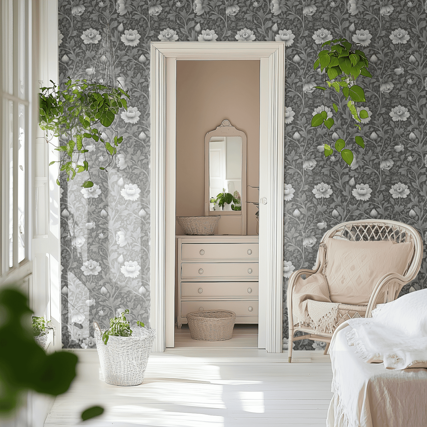Grey Floral Wallpaper shown in a second room with the grey peonies reading as quietly traditional monochrome decoration