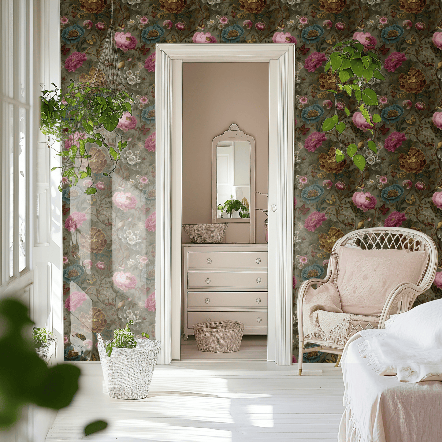 Green Floral Wallpaper shown in a second interior with the moody birds reading as atmospheric library-style decoration