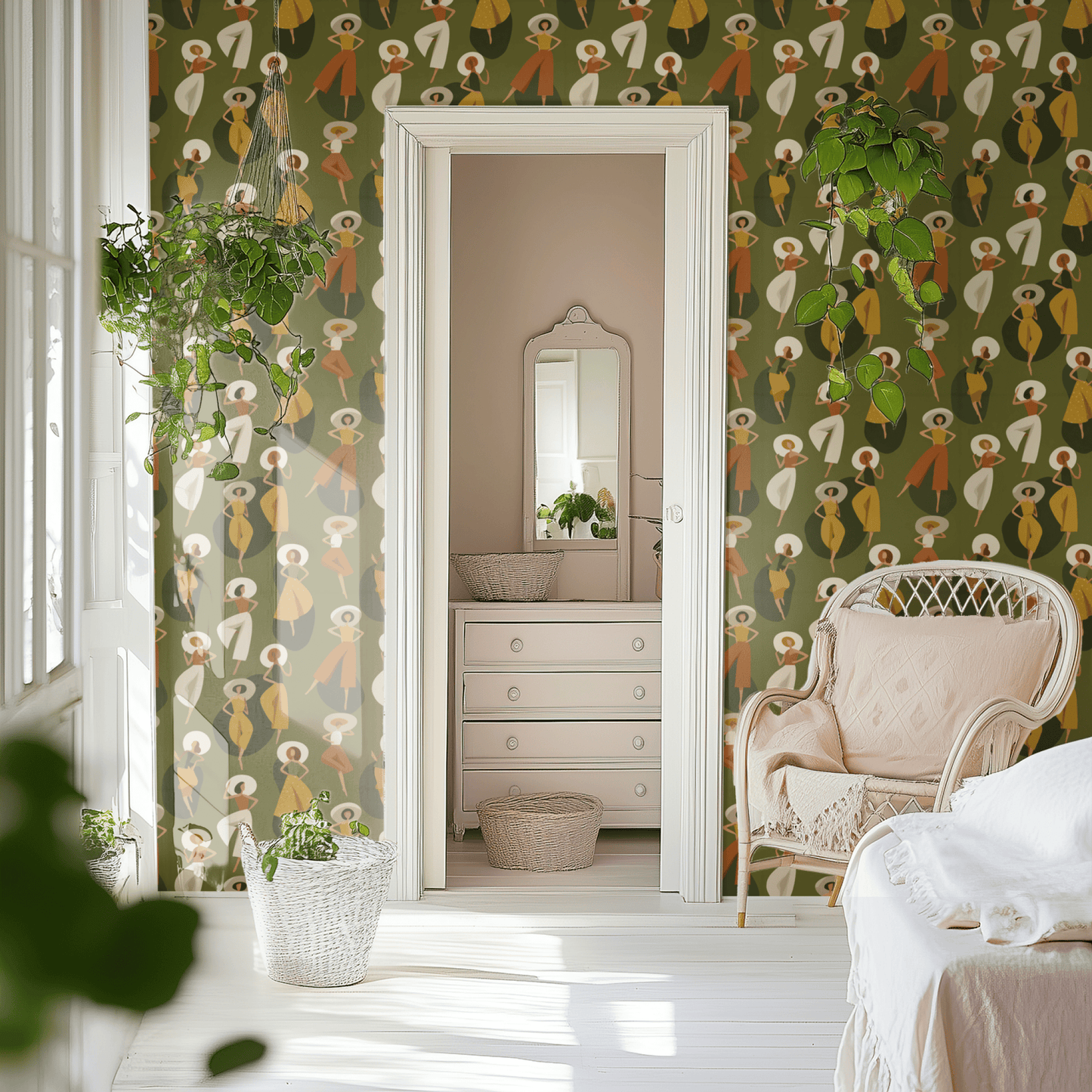 Green Abstract Wallpaper shown in a second interior with the retro mod reading as period-style modernist decoration