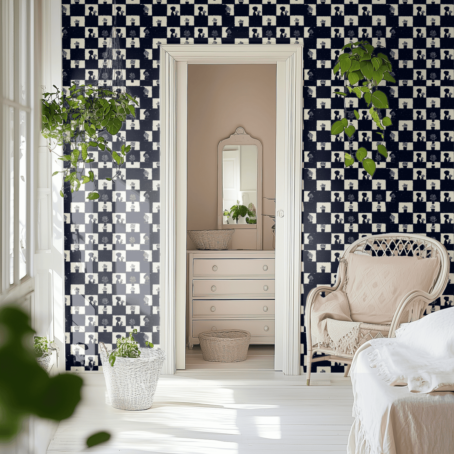 Blue Geometric Wallpaper shown in a second interior with the dark checkerboard reading as theatrical graphic decoration