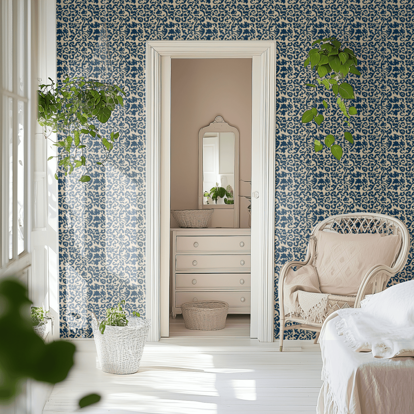 Blue Abstract Wallpaper shown in a second interior with the sapphire paisley reading as warmly hand-printed traditional decoration