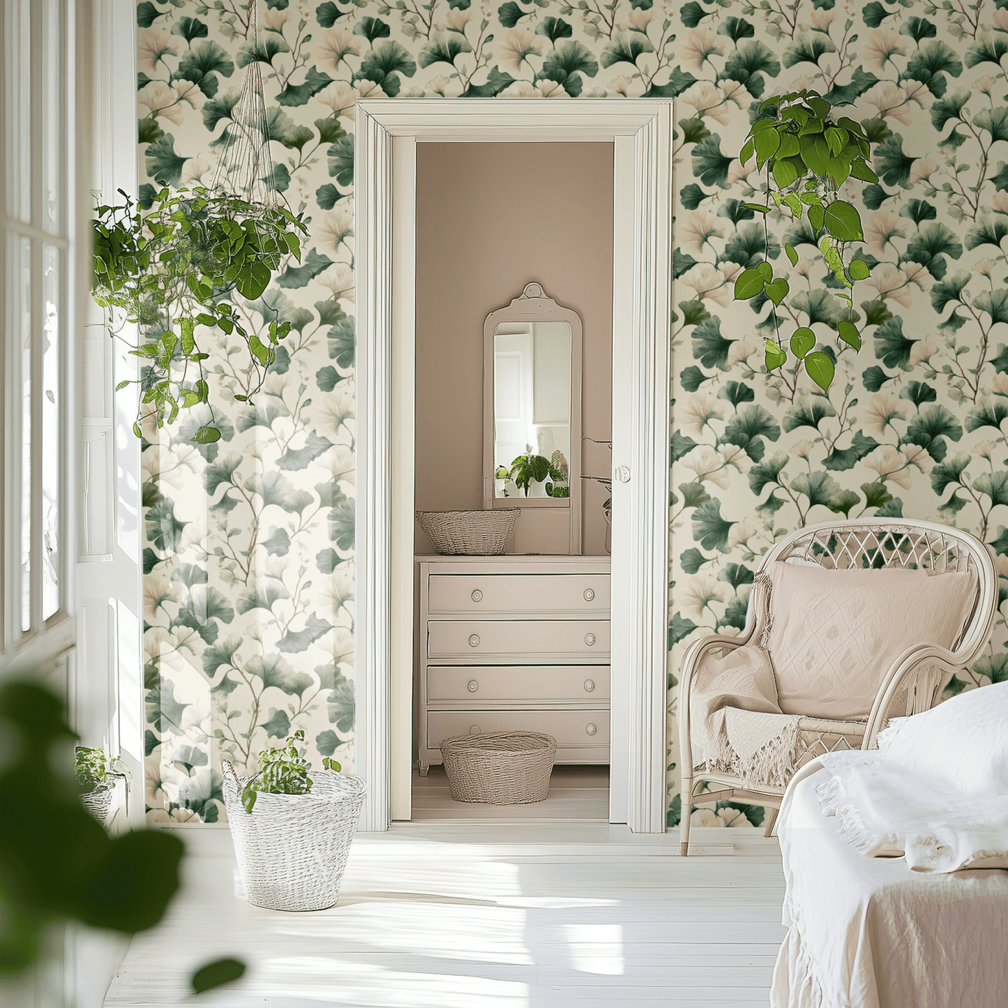 Cream Botanical Leaves Design shown in a second interior with the watercolor ginkgo reading as East-Asian-influenced soft botanical decoration