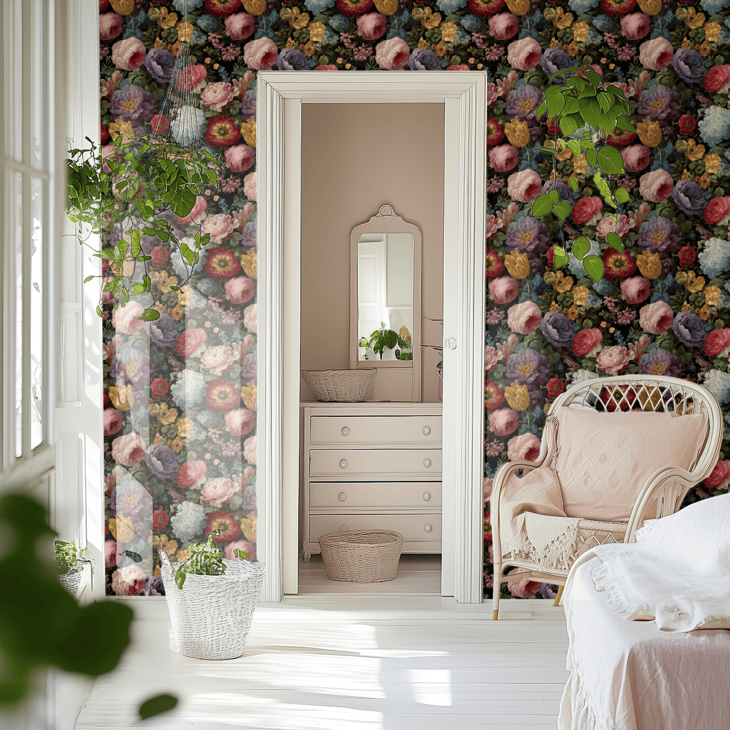 Black Floral Wallpaper shown in a second room with the vintage jewels reading as theatrically luxurious traditional decoration