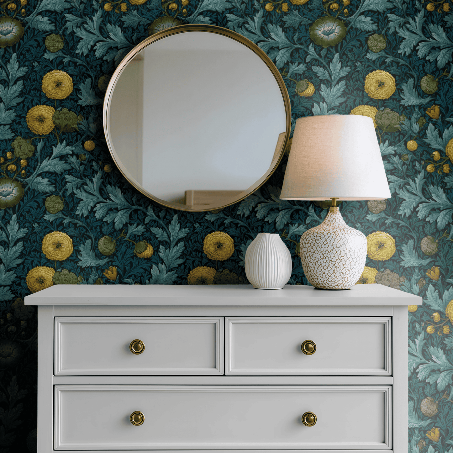 Green Floral Wallpaper shown in a second interior with the chartreuse thistle reading as a fresher contemporary take on the traditional botanical