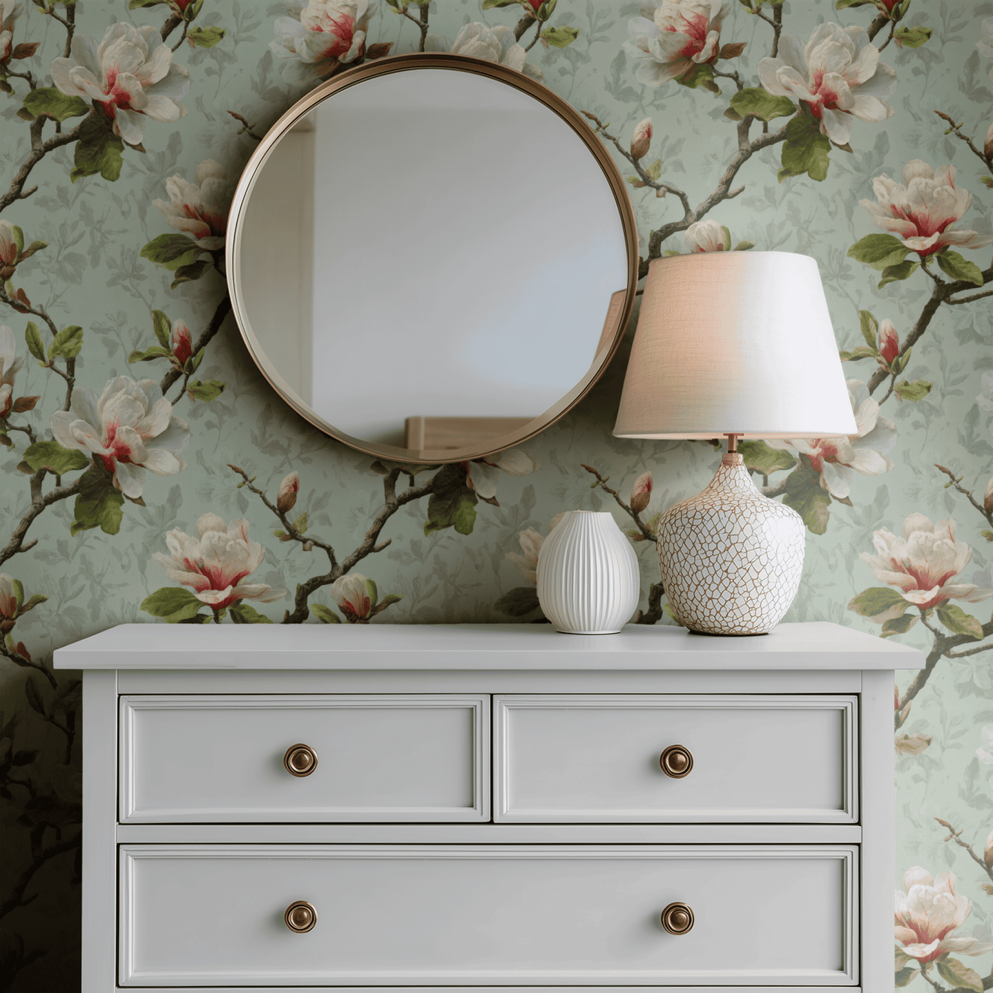 Green Floral Wallpaper shown in a second interior with the celadon branches reading as quiet botanical decoration