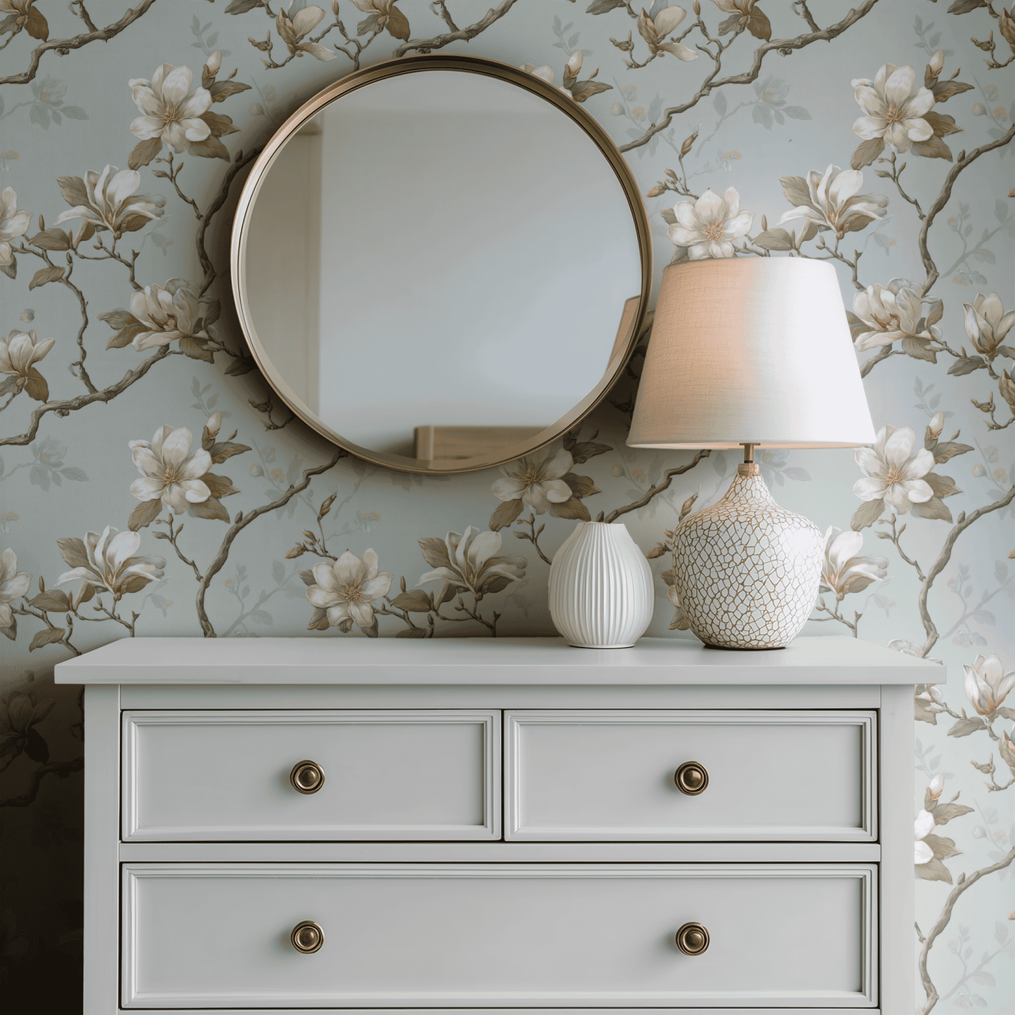 Green Floral Wallpaper shown in a second room with the magnolia florals reading as gracefully traditional