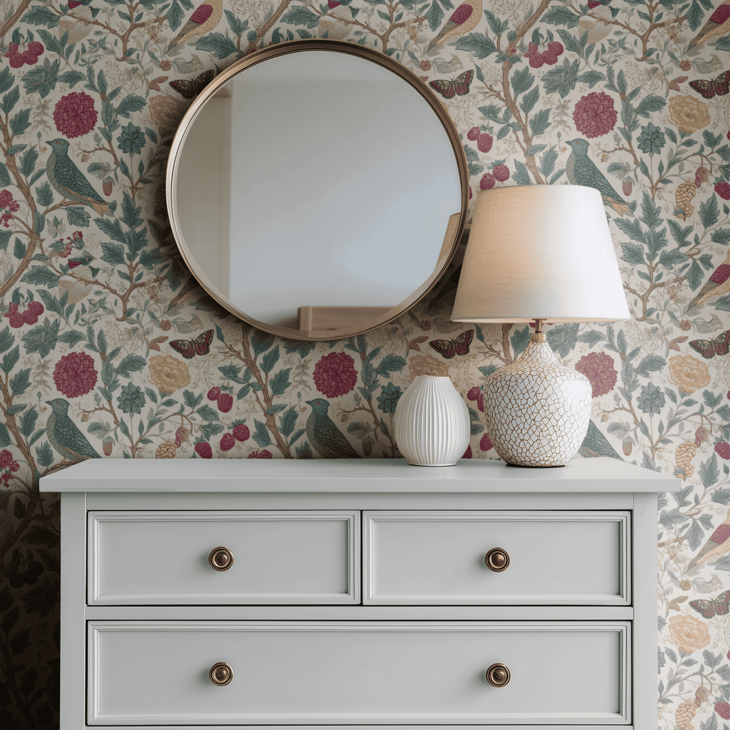 Cream Bird Pattern Wallpaper shown in a second room with the sparrows and fruit reading as English-country woodland decoration