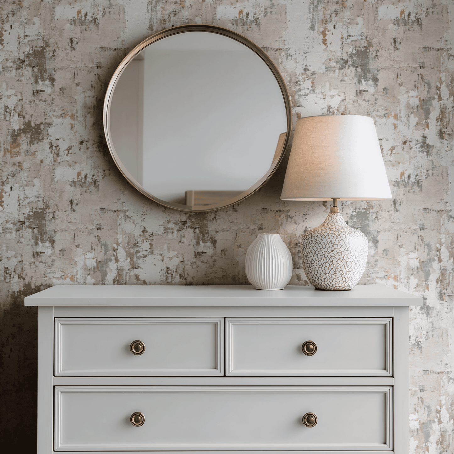 Pink Abstract Wallpaper shown in a second room with the abstract pink reading as soft contemporary painterly decoration