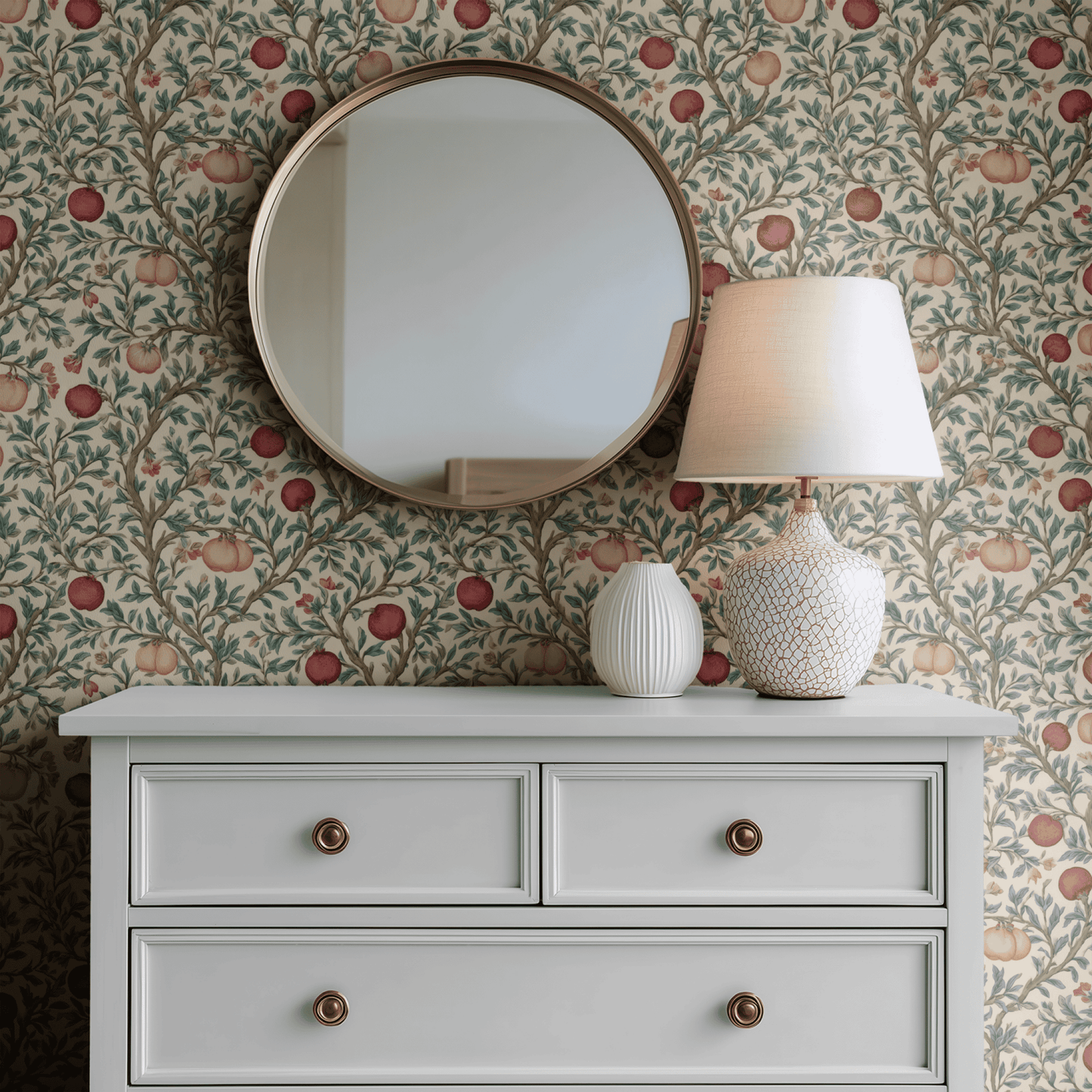 Cream Botanical Wallpaper shown in a second interior with the russet clover reading as warmly natural fruit decoration