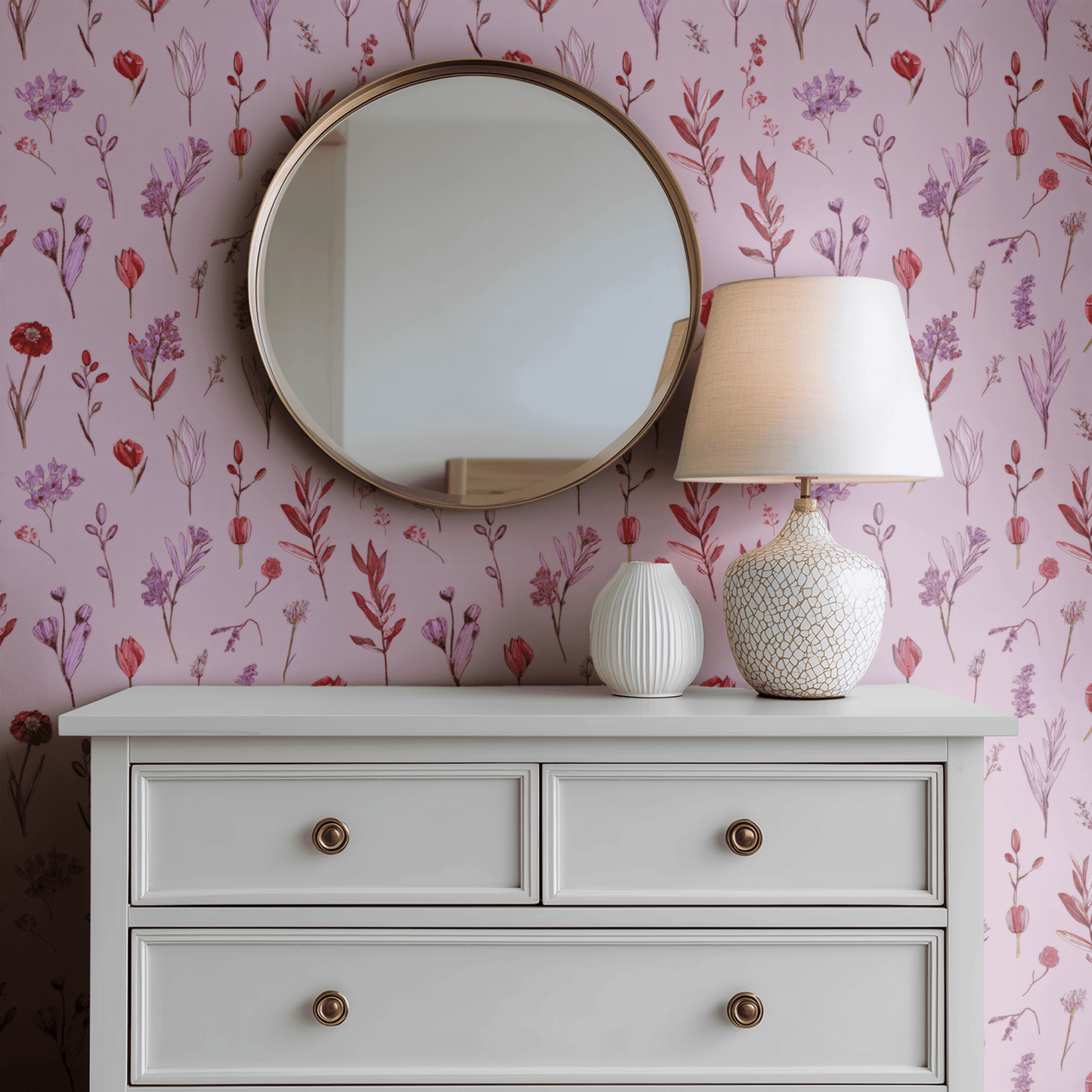 Pink Floral Wallpaper shown in a second interior with the grove watercolor florals reading as soft painterly cottage decoration