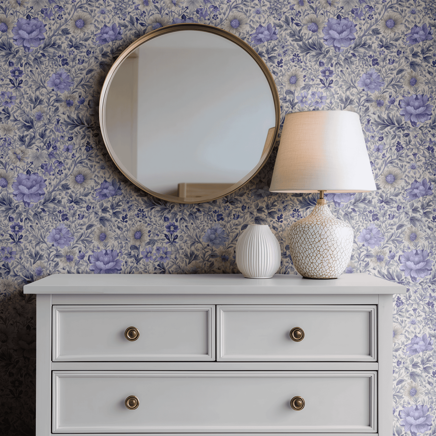 Cream Floral Wallpaper shown in a second interior with the indigo snakeshead reading as Morris-period traditional botanical decoration