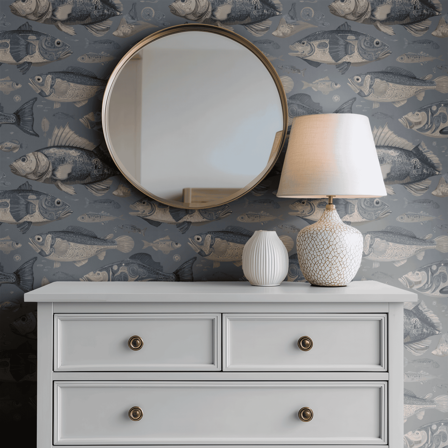 Blue Animal Print Wallpaper shown in a second interior with the naturalistic fish reading as serious decorative natural history