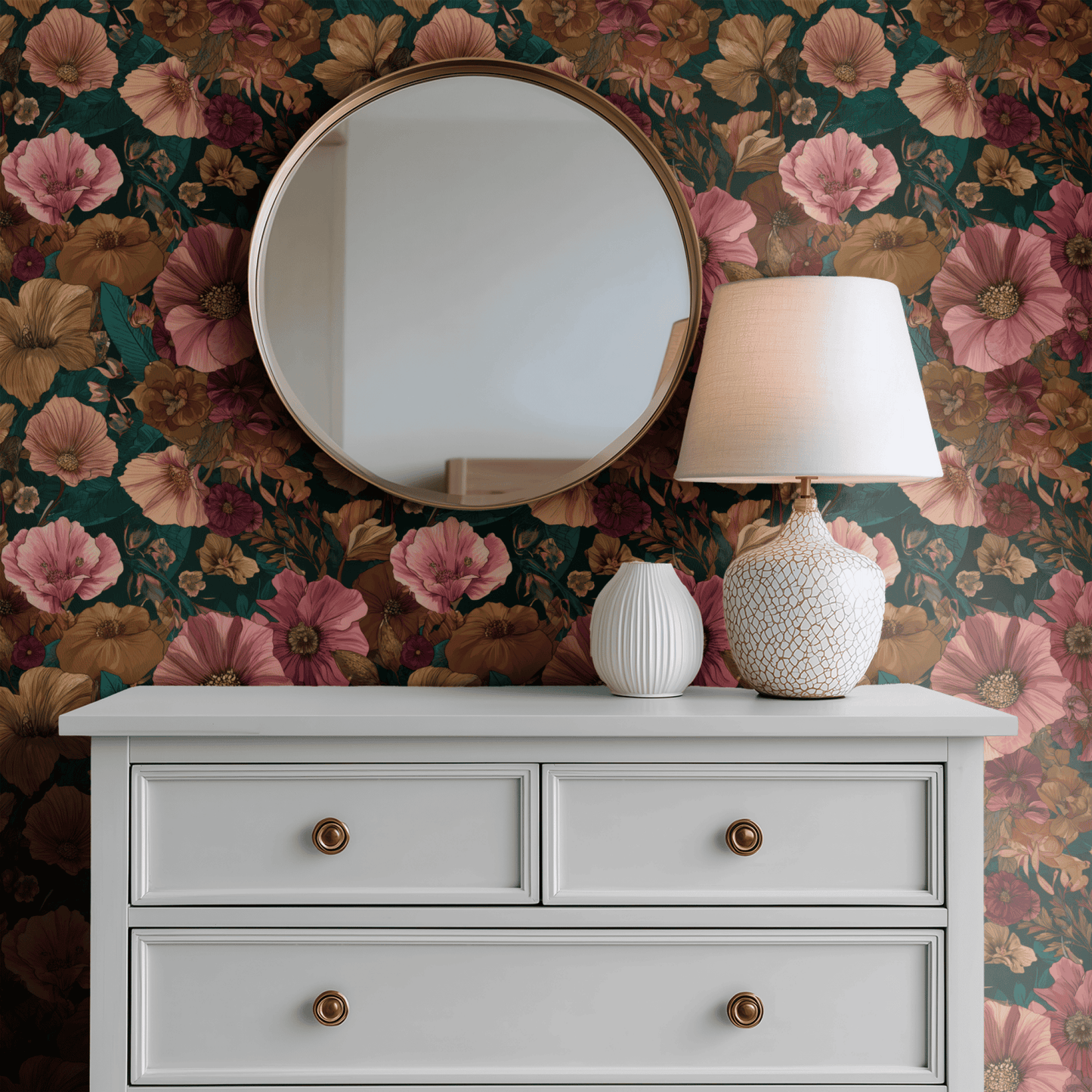 Green Floral Wallpaper shown in a second room with the garnet florals reading as warmly serious country-house decoration
